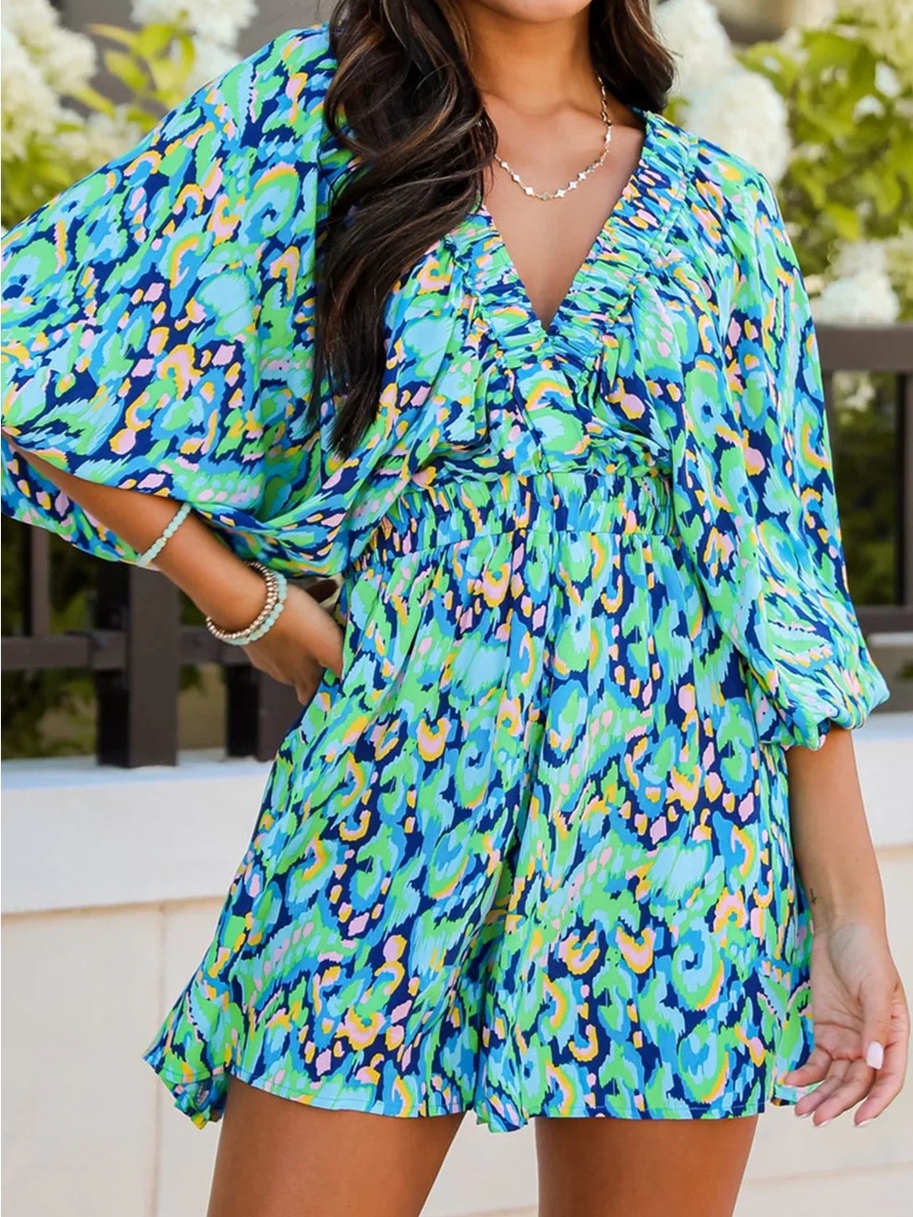 Meet Me In Santorini Multicolor Abstract Print Romper Sz S Puff Sleeves Shorts